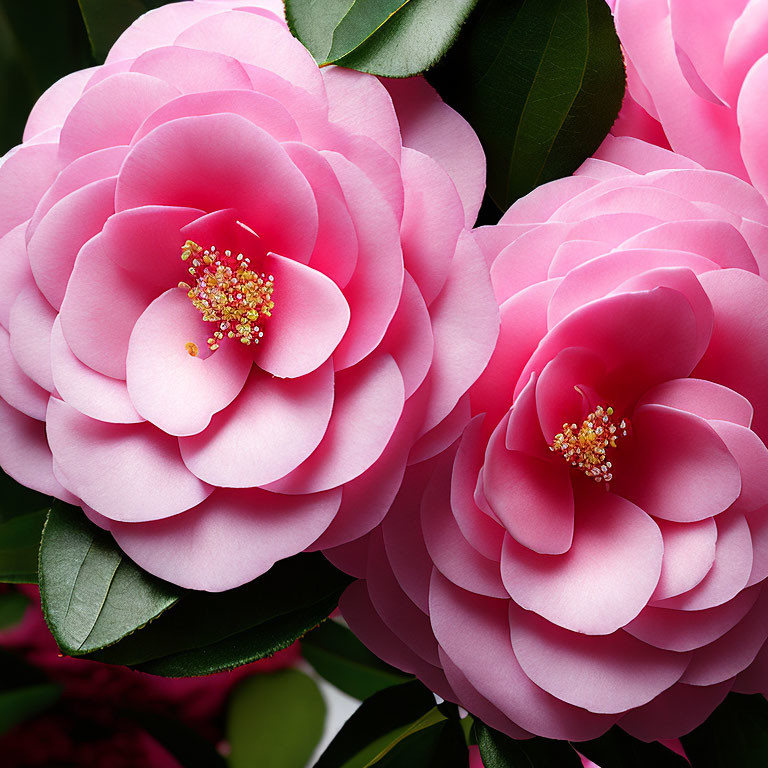 Vibrant Pink Camellia Flowers with Yellow Stamens and Dark Green Leaves