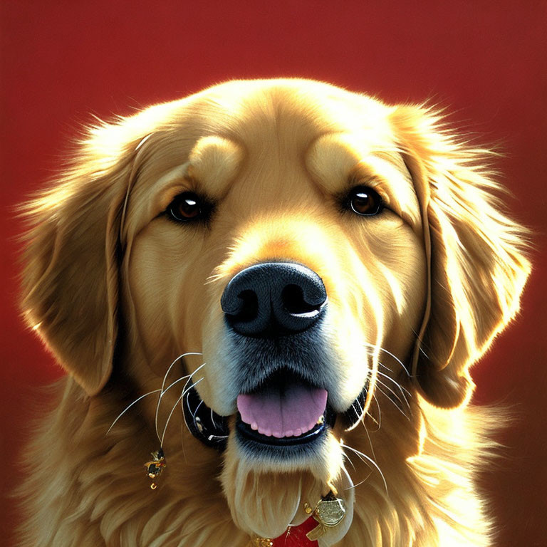 Adorable Golden Retriever with shiny coat and friendly expression on red background