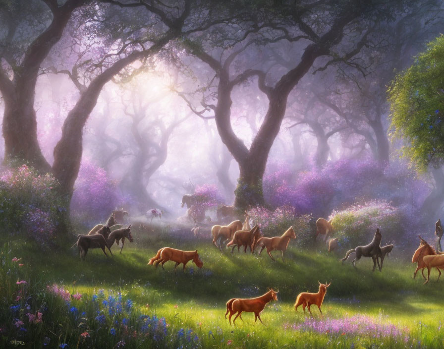 Mystical sunlit forest clearing with grazing horses