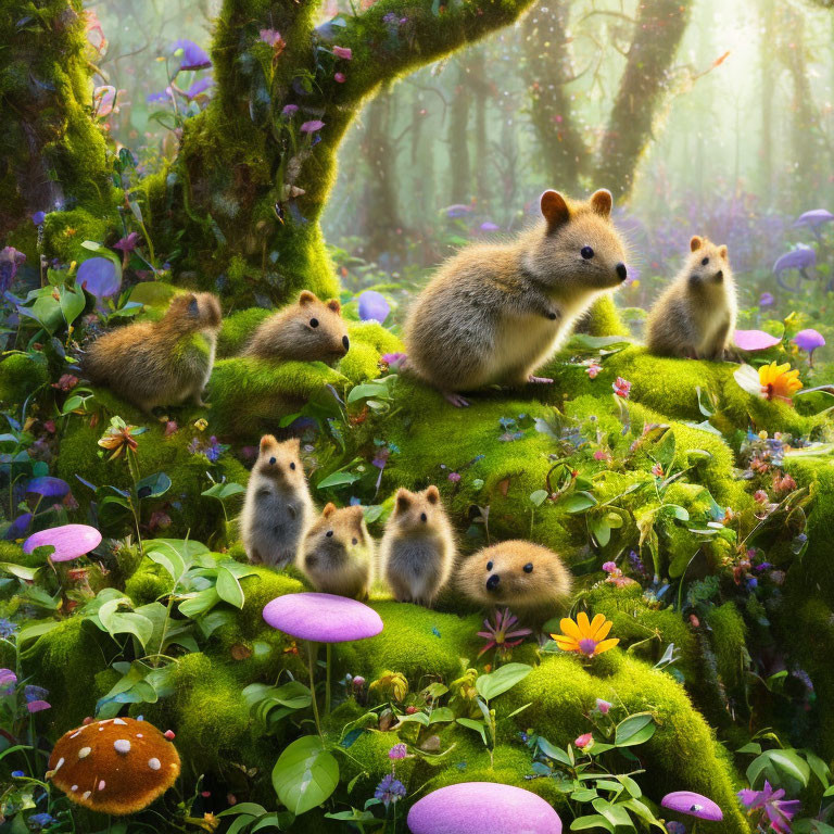 Enchanting forest with fluffy quokkas, vibrant greenery, colorful flowers