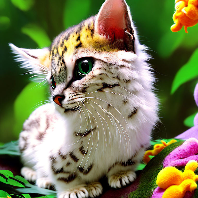 Digitally altered cat with tiger stripes and green eyes in floral setting