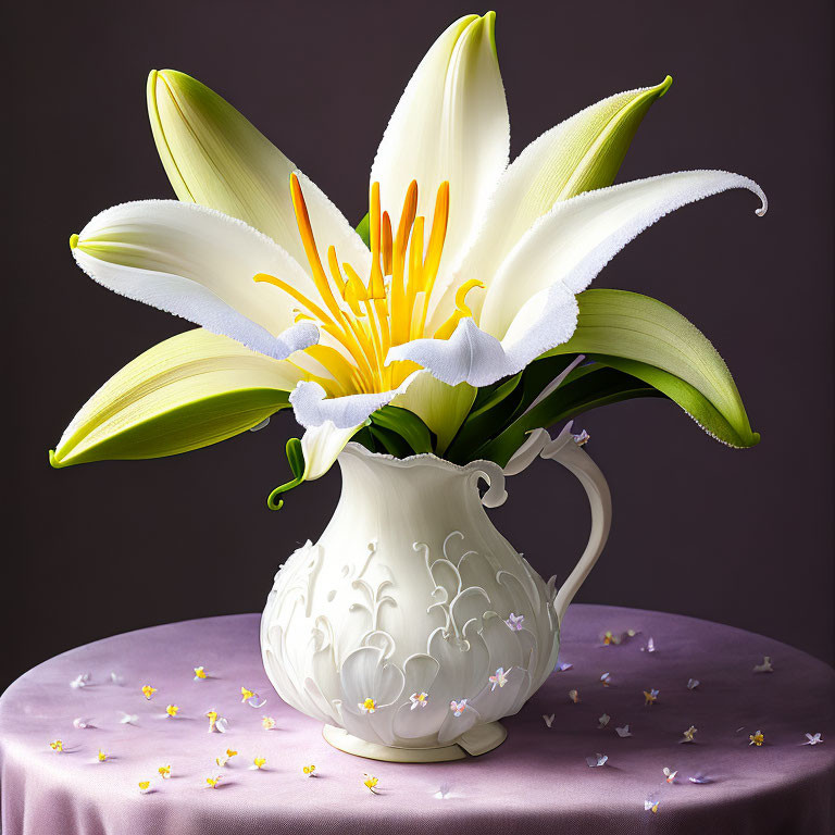 White embossed jug with white lilies on purple surface with petals