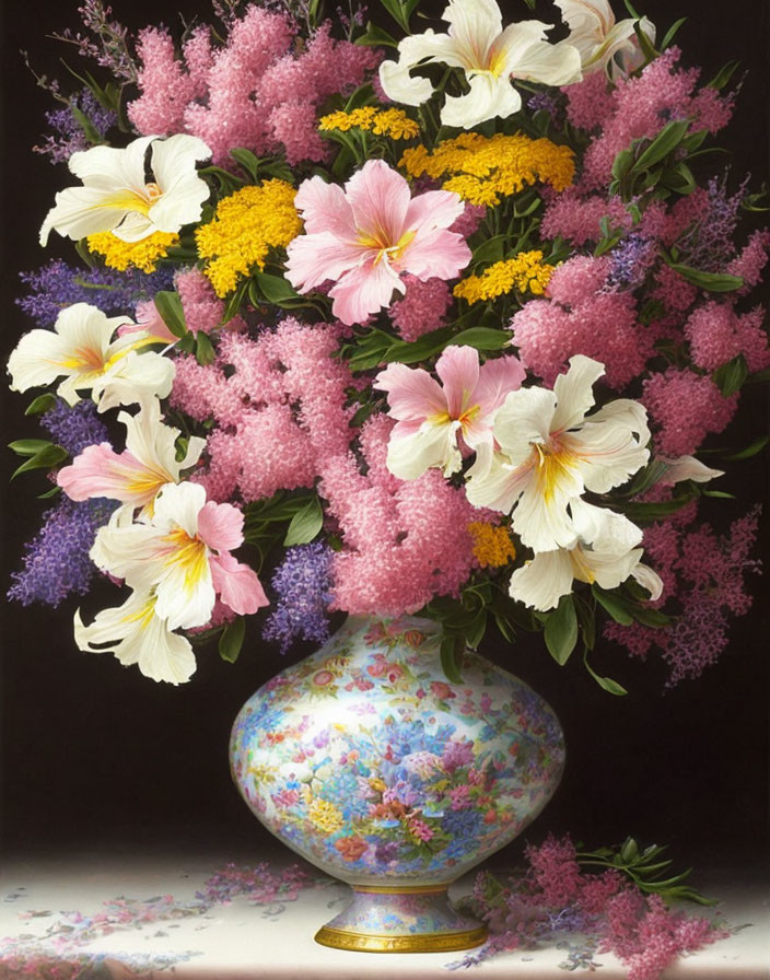 Vibrant pink, yellow, and white flowers in decorative vase on dark background