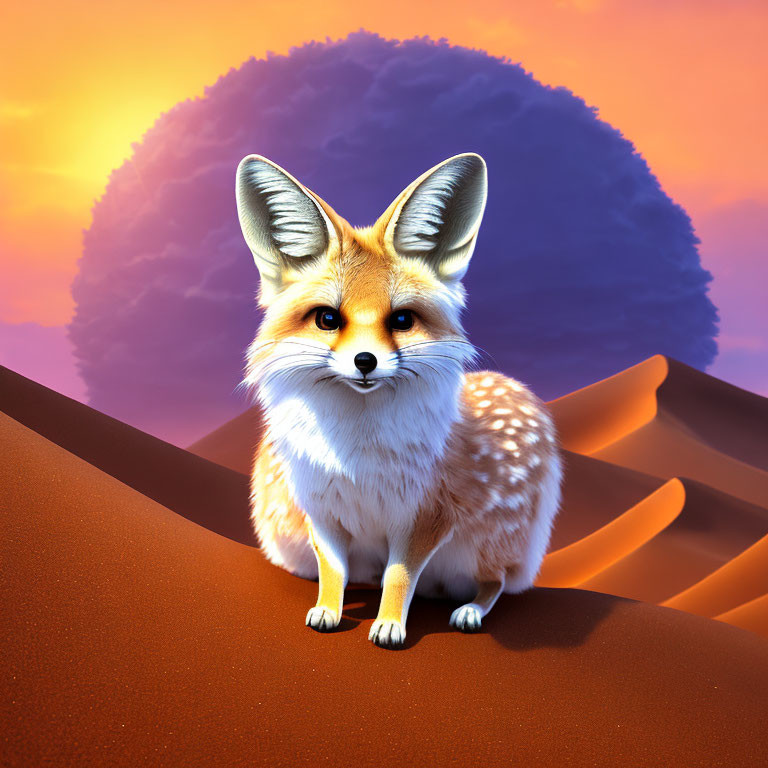 Digital rendering of fennec fox with oversized ears in desert sunset