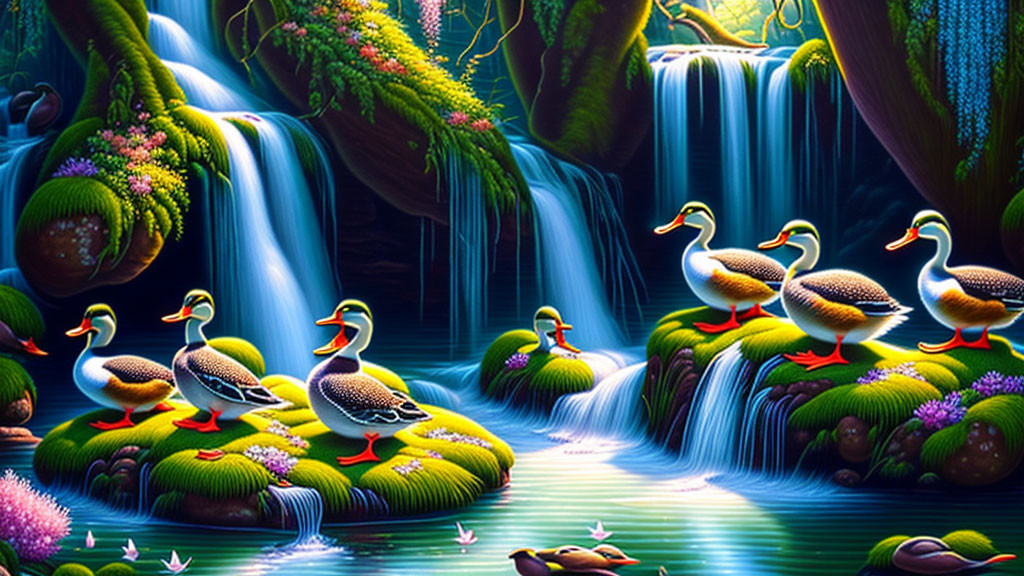 Digital Art: Ducks on Lily Pads in Enchanted Forest