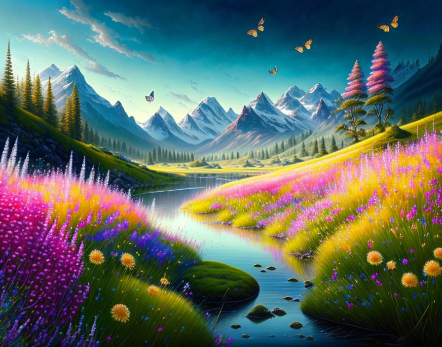 Colorful Landscape Painting: River, Meadow, Flowers, Butterflies, Mountains