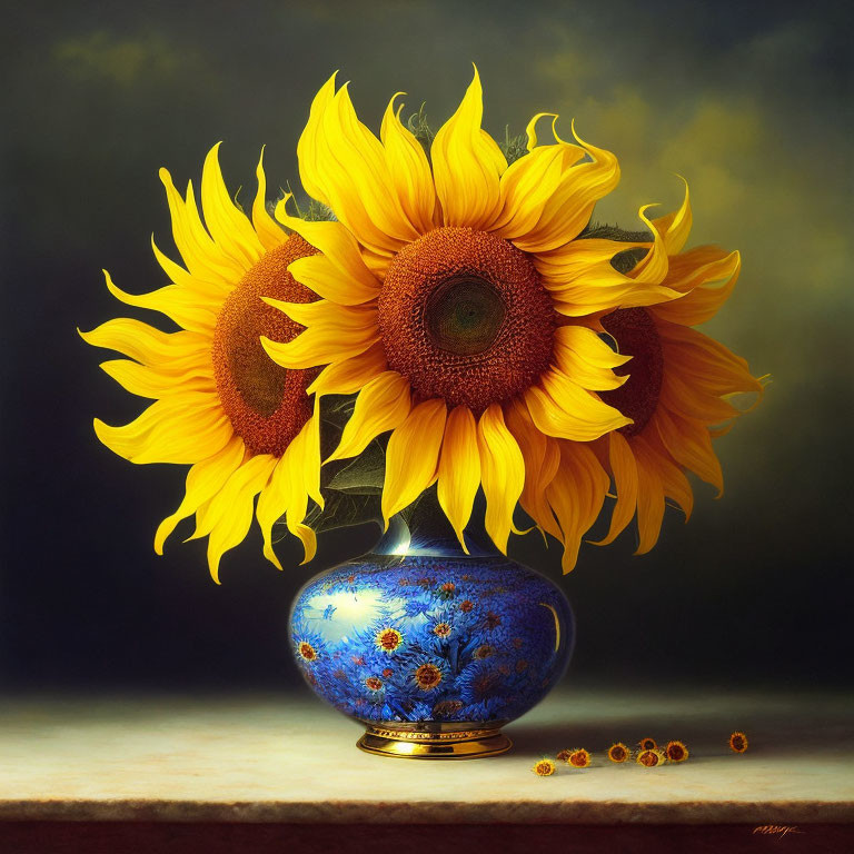 Vibrant sunflowers in blue vase on dark background with scattered seeds