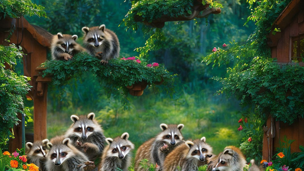 Curious raccoons on wooden deck surrounded by greenery