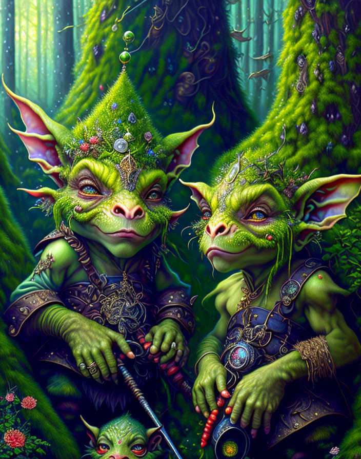 Green goblins in lush forest with jewels & intricate clothing