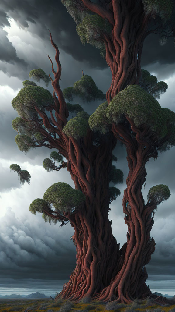 Majestic twisted redwood trees under stormy sky