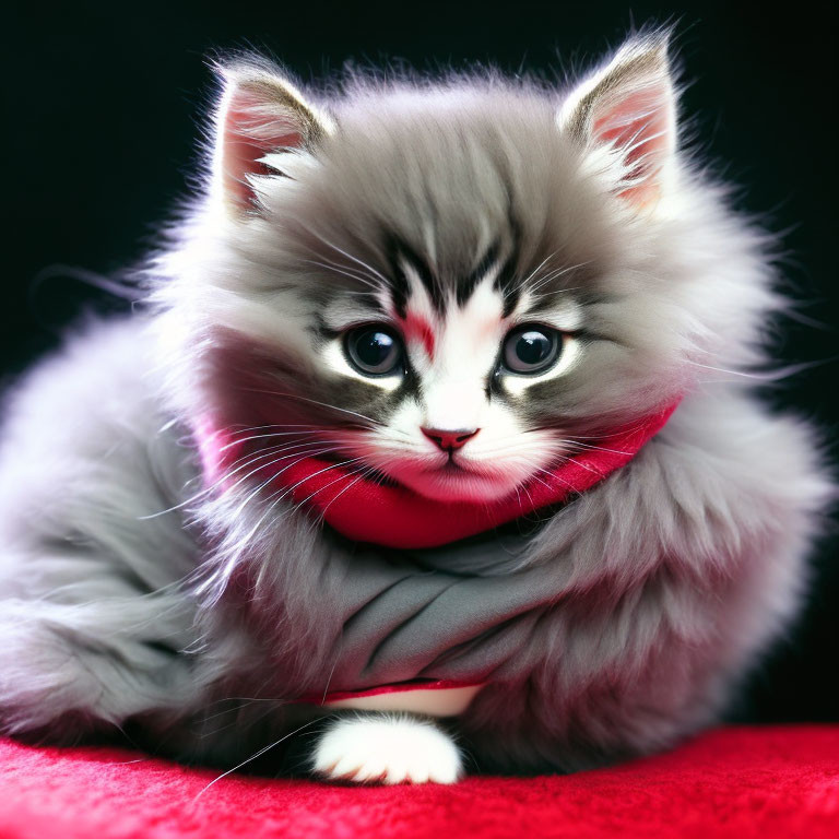 Adorable Gray Kitten with Striking Eyes and Red Bow on Red Surface