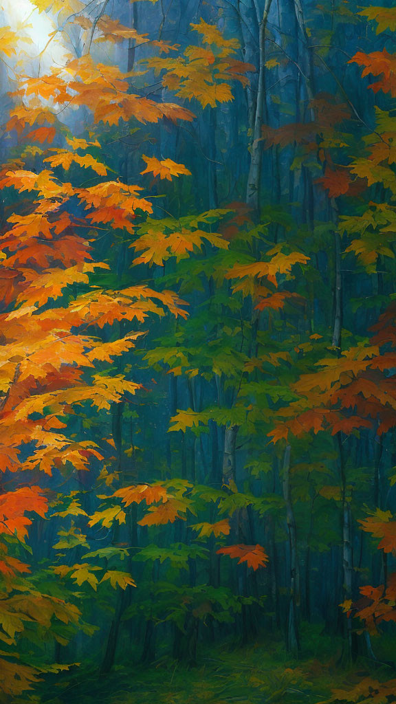 Serene forest setting with vibrant autumn foliage