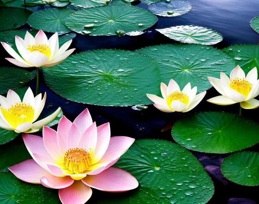 Pink and White Lotus Flowers Blooming on Tranquil Water Surface