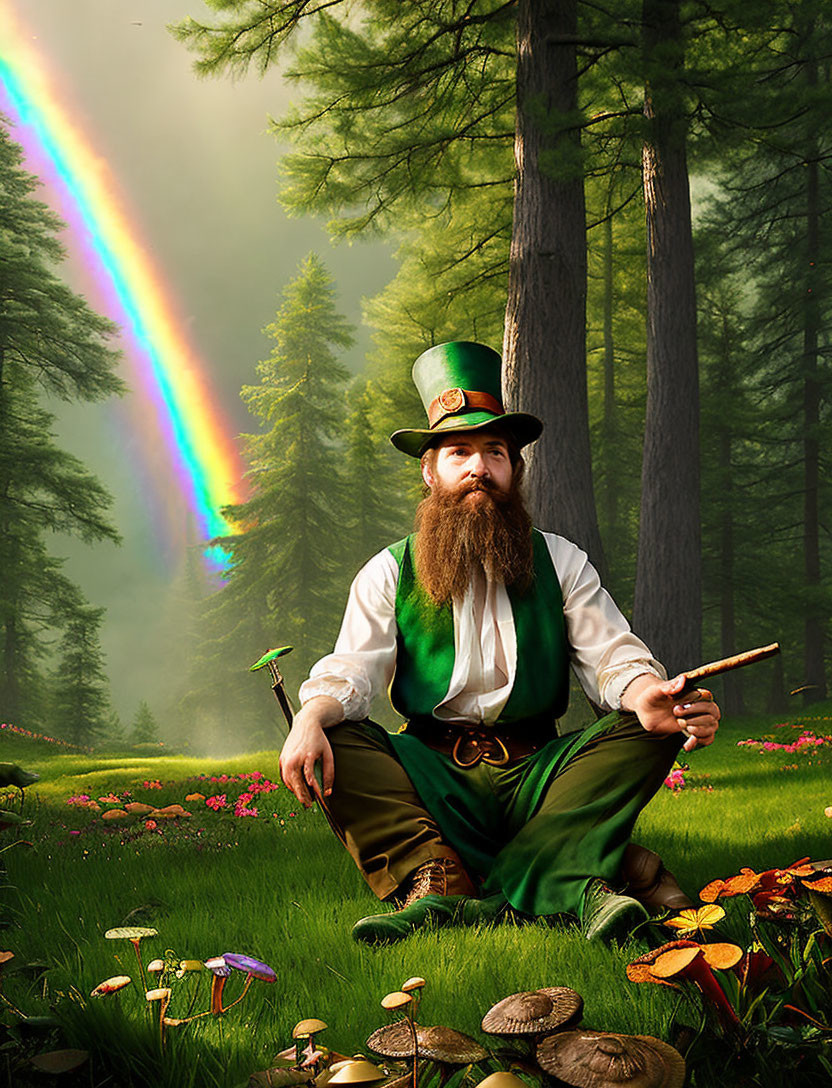 Man in leprechaun costume with mushrooms, holding walking stick in forest with rainbow