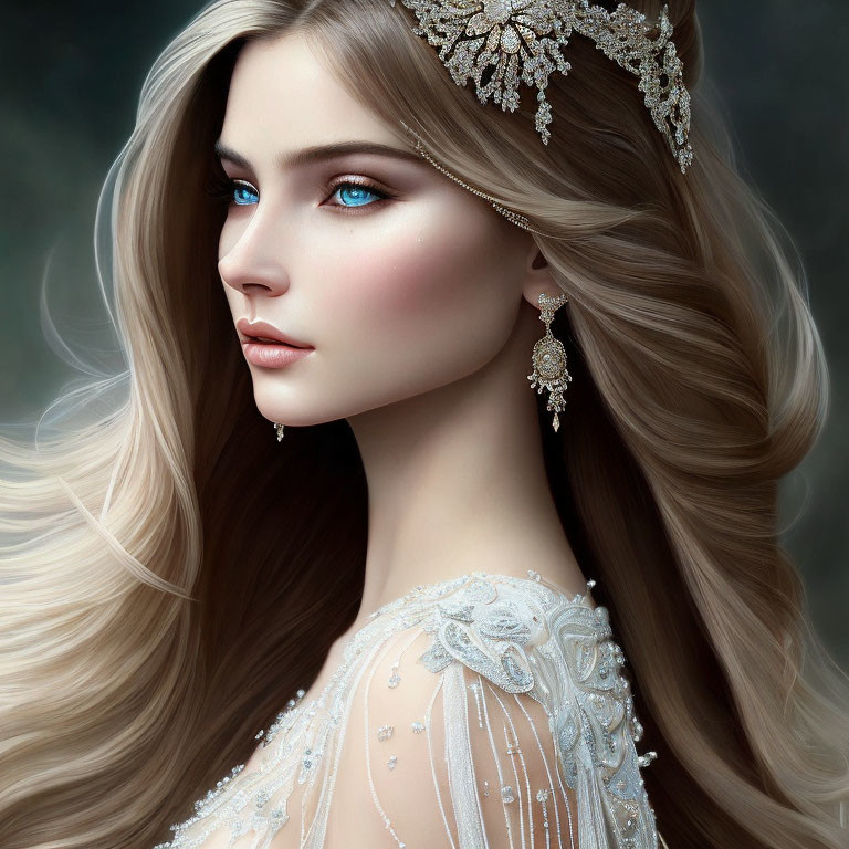 Digital painting of woman with blonde hair, blue eyes, tiara, pearl earrings, and embroidered gown