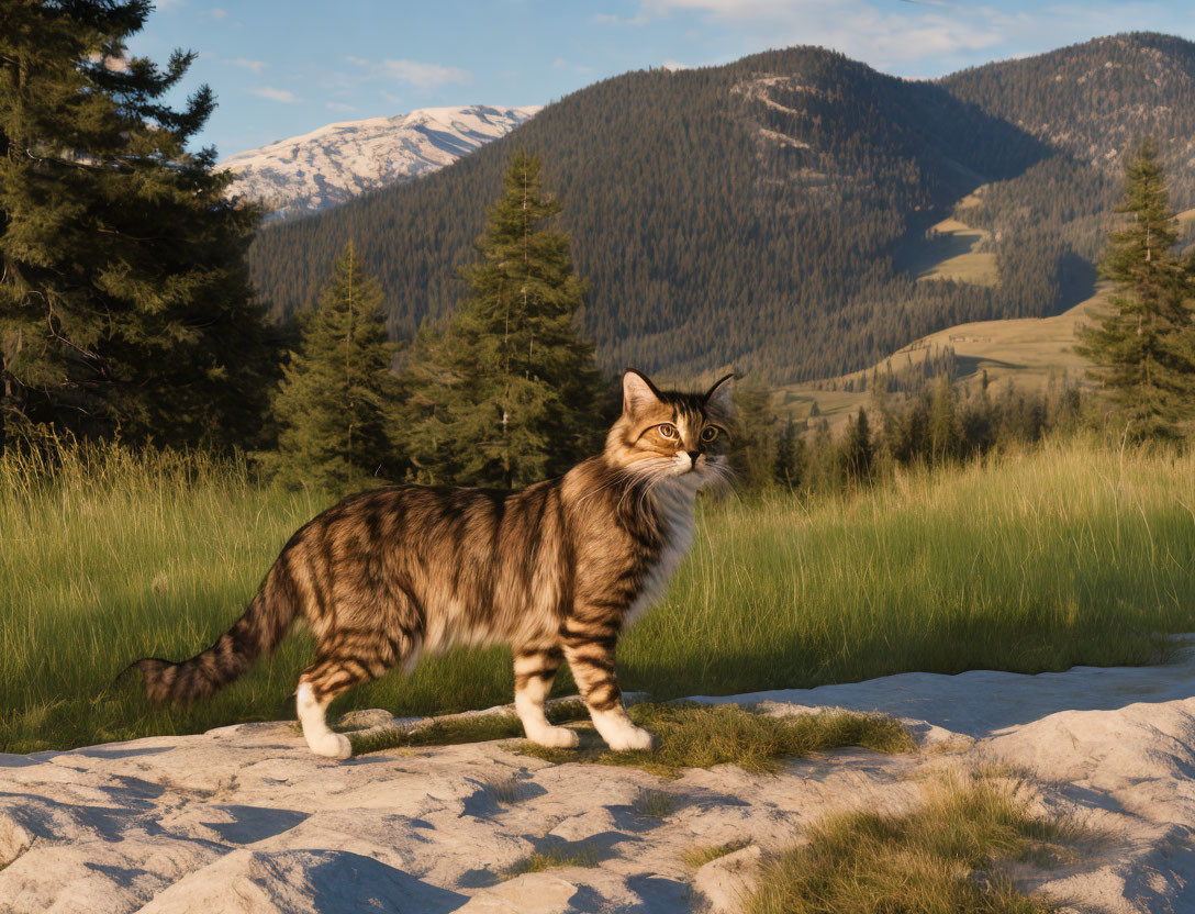 Tabby Cat on Rocky Surface with Mountain Backdrop