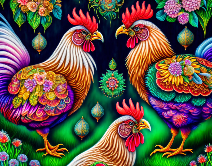 Colorful Painting of Three Stylized Roosters Among Lush Flora