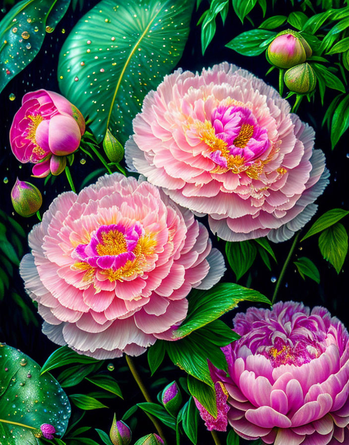 Detailed Illustration of Pink Peonies with Dew Drops on Dark Background