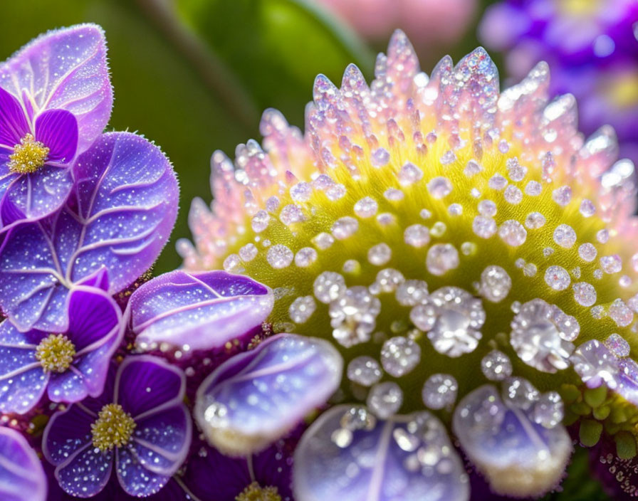 Detailed Close-up of Dew-Covered Purple Flower with Yellow Center