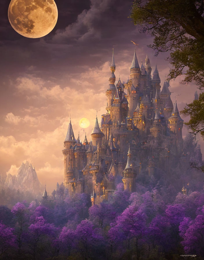 Majestic castle with spires in purple foliage under twilight sky