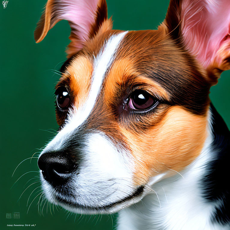 Tricolor Dog with Large Ears and Brown Eyes