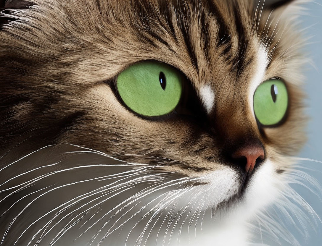 Striking green-eyed cat with fluffy fur and whiskers on blue gradient.