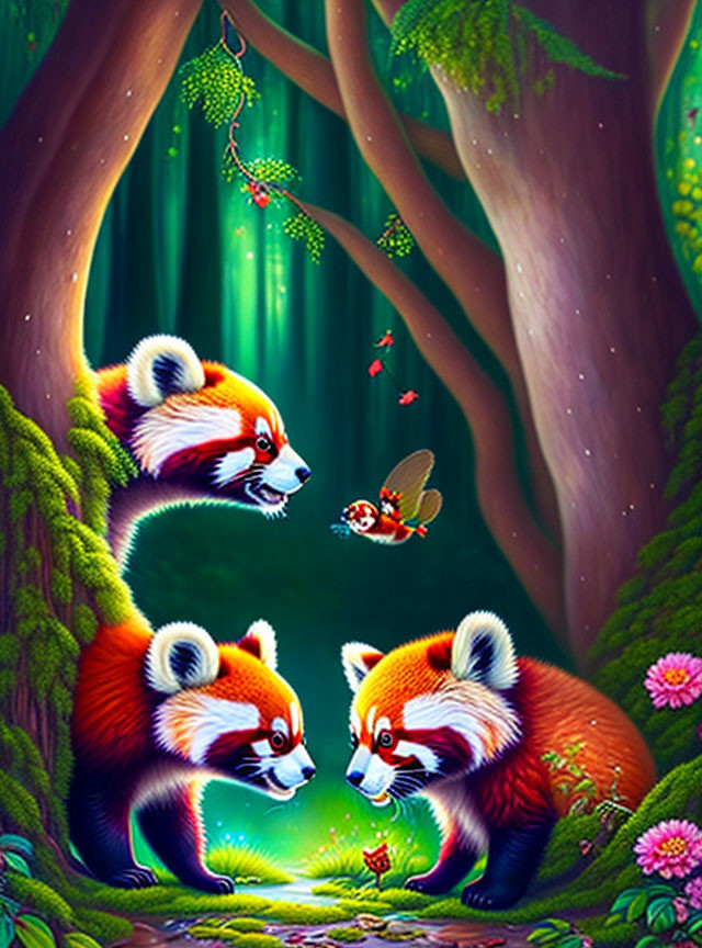 Enchanted forest scene with three red pandas and whimsical bird