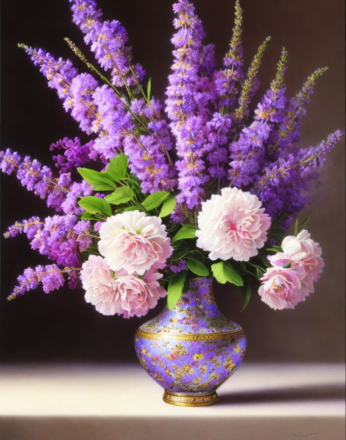 Colorful Still Life Painting: Purple Flowers and Pink Roses in Golden Blue Vase