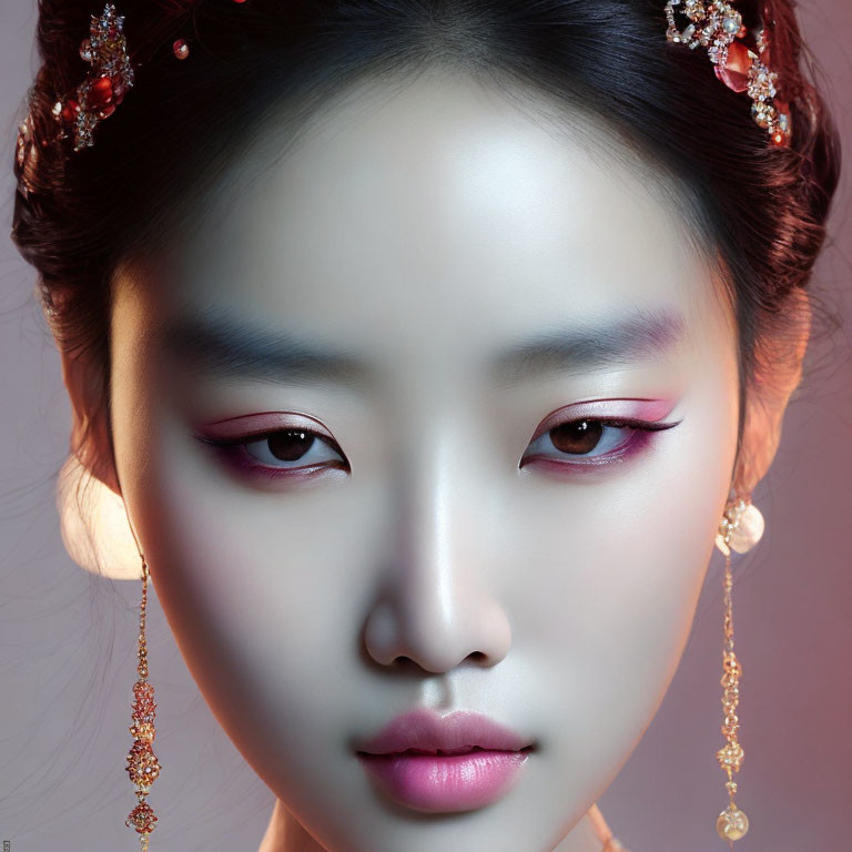 Asian woman's face with elegant makeup and decorative hairpins, adorned with long ornate earrings