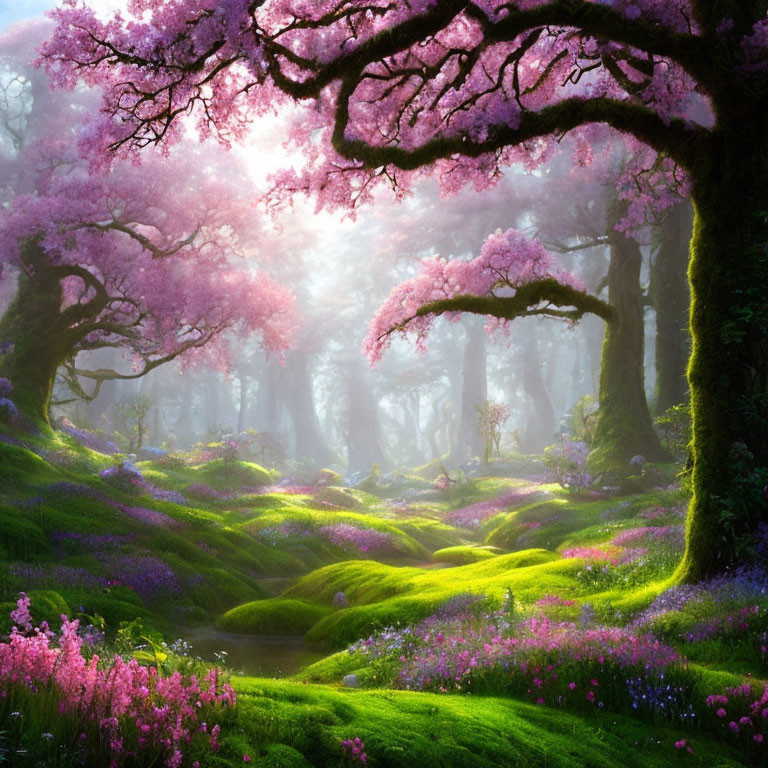 Enchanting forest scene with cherry blossoms, moss, flowers, and sunlight