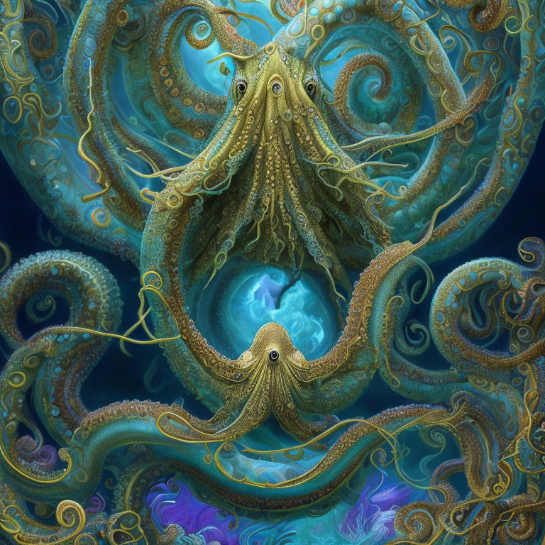 Intricate Fantastical Octopus with Swirling Tentacles in Underwater Scene