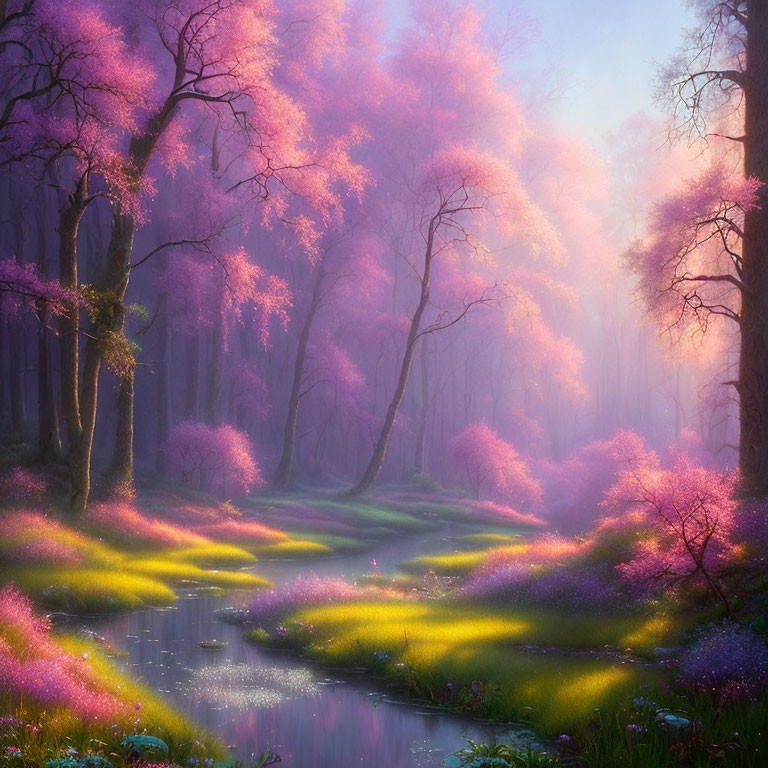 Vibrant purple trees in magical forest with winding stream