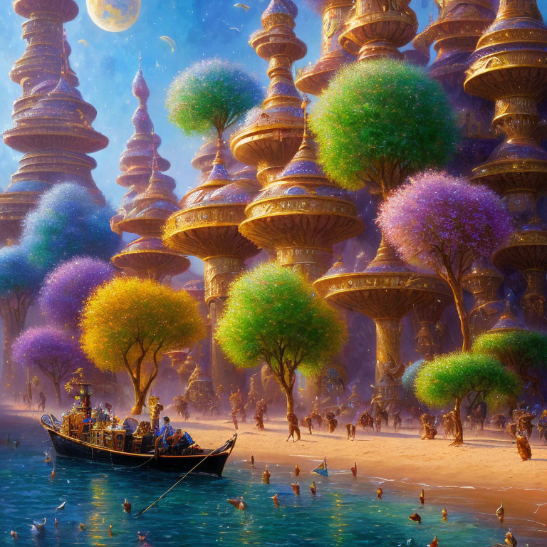 Fantastical landscape with vibrant, spiral tower trees, gondola on river, misty illuminated