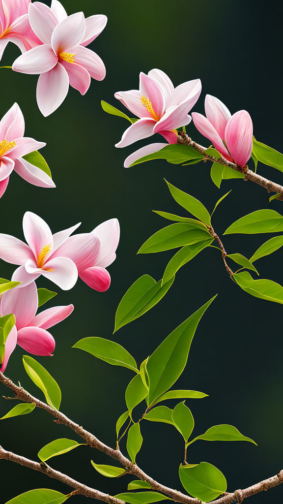 Pink and White Flowers Blooming on Branch with Green Leaves on Dark Background