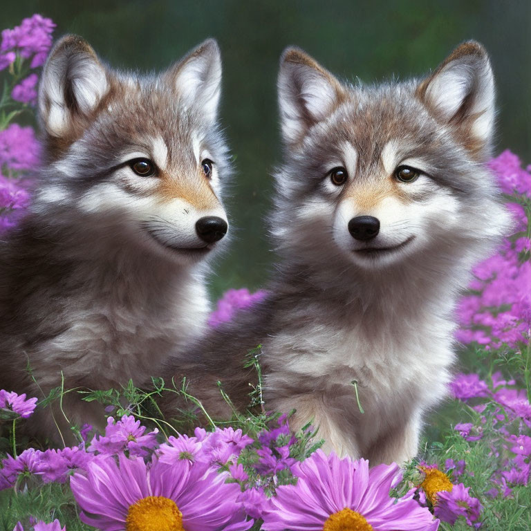 Fluffy grey fox pups in purple flower field