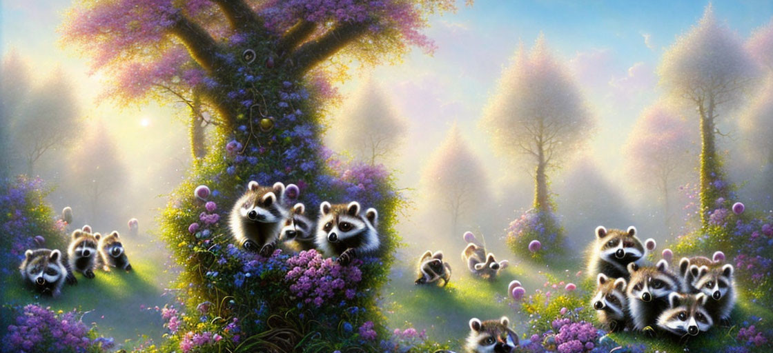 Whimsical artwork: Raccoons in sunlit forest with blooming bushes