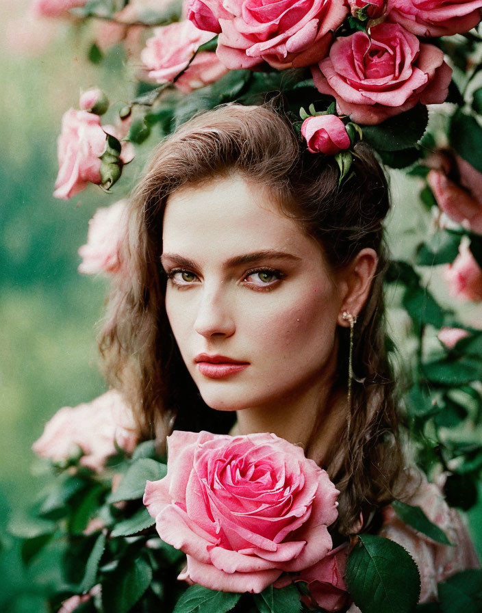 Woman with Floral Headdress Surrounded by Pink Roses and Greenery