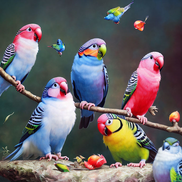 Vibrant parakeets with colorful feathers on branches in serene setting