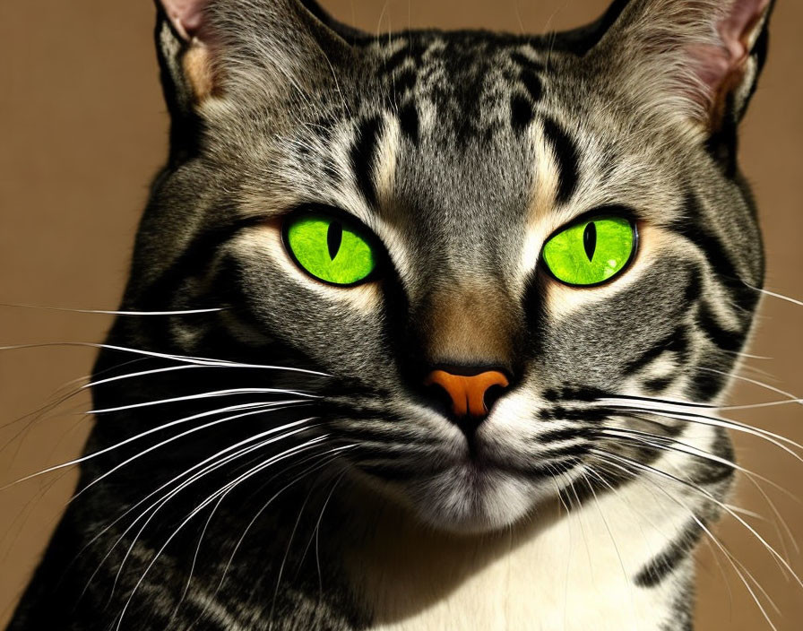 Striped Cat with Green Eyes and White Whiskers on Tan Background