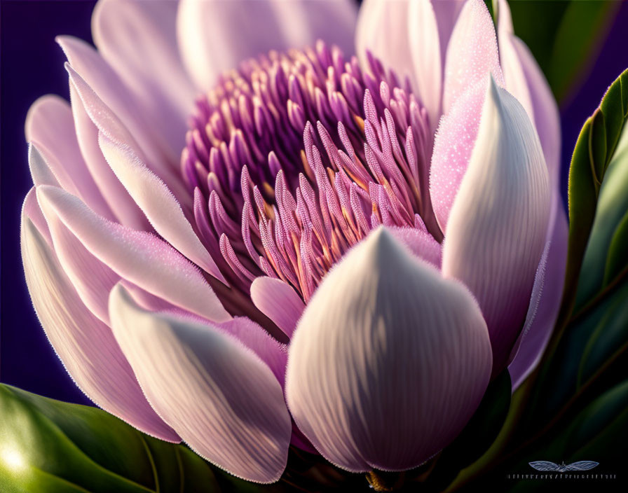 Close-up of Blooming Flower with Soft Purple Petals and Pink Core against Dark Background