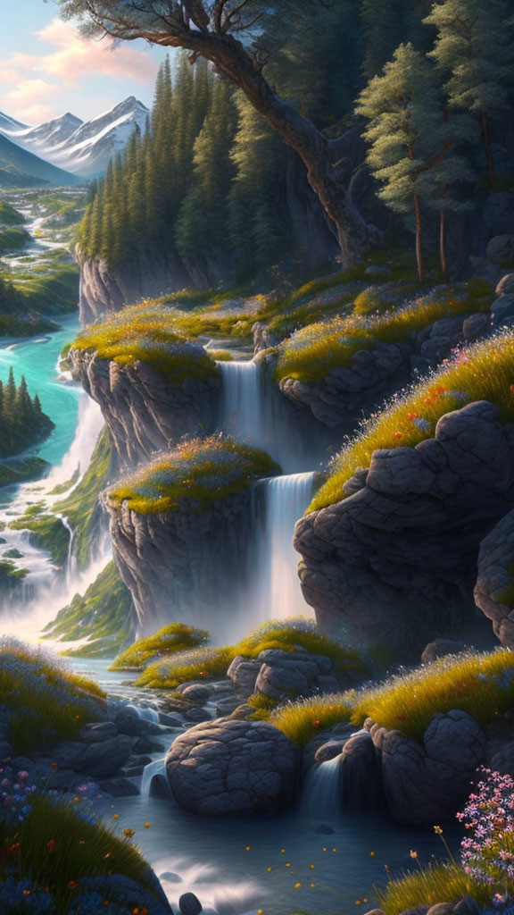 Tranquil landscape with waterfalls, lush cliffs, river, and pine trees