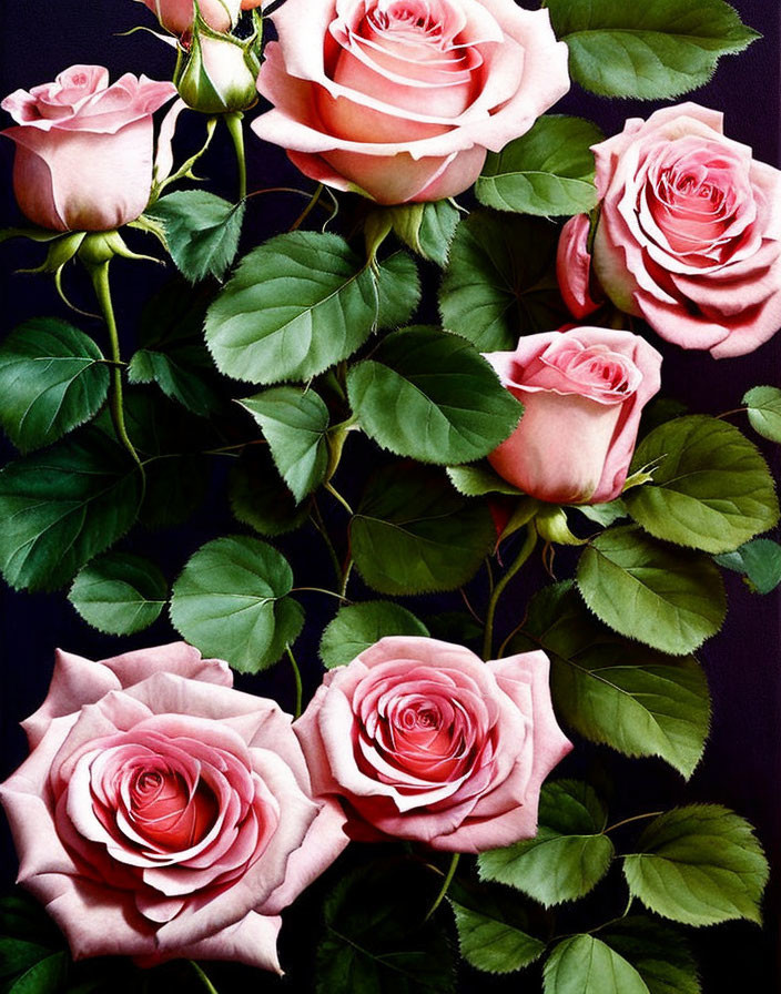 Pink Roses with Green Leaves on Dark Background