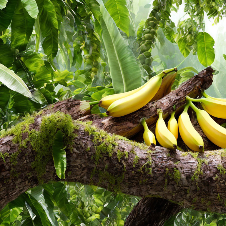 Ripe bananas on mossy tree branch with green leaves