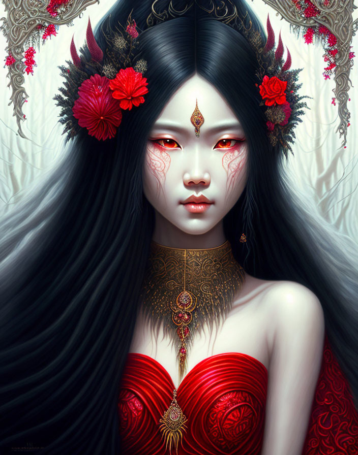 Illustrated woman with long black hair, red eyes, pale skin, red flowers, gold jewelry,