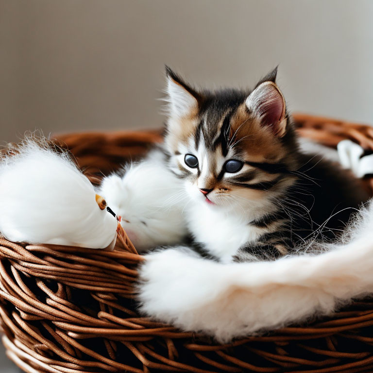 Adorable striped kitten plays with white feathers in wicker basket