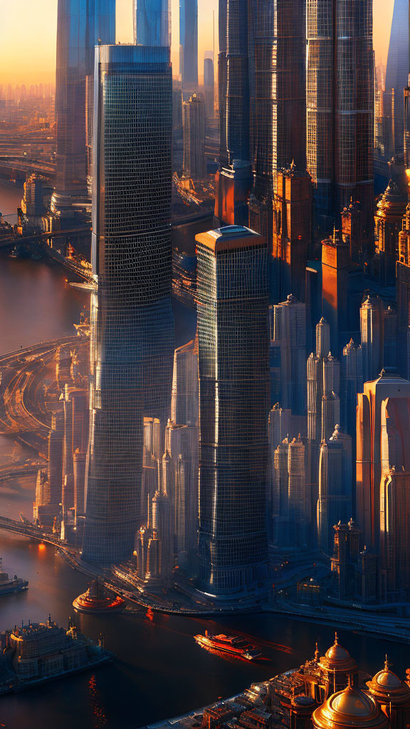 Modern cityscape at sunset with skyscrapers, riverside architecture, and boats.