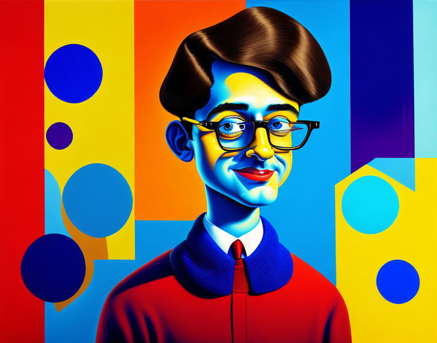 Man with Glasses and Retro Hairstyle Smiling in Colorful Abstract Illustration