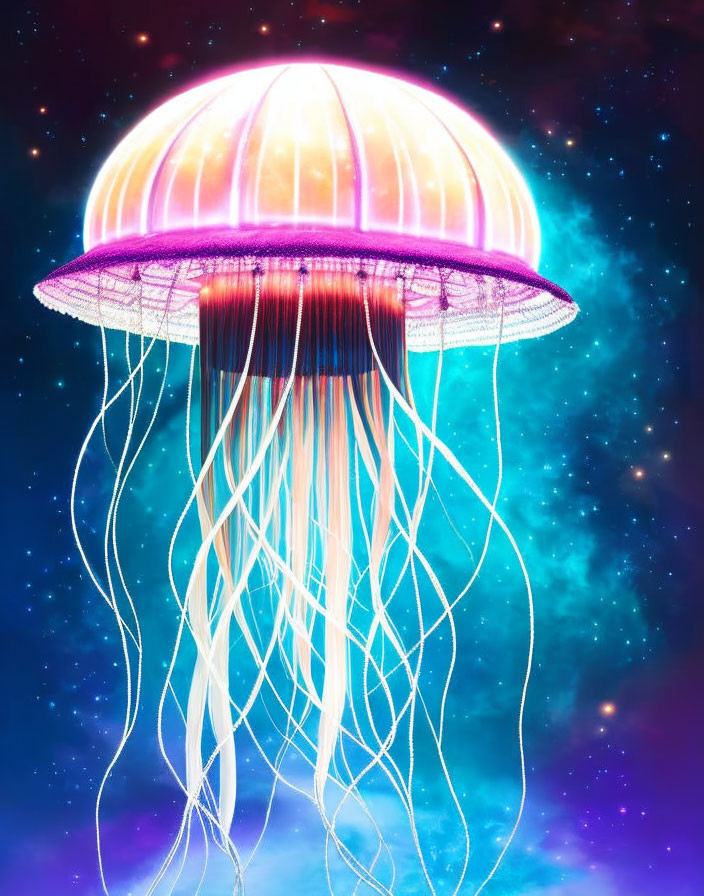 Digitally-rendered jellyfish in cosmic starry background