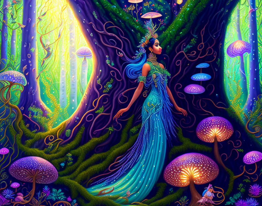 Detailed illustration: Woman in blue gown in mystical forest