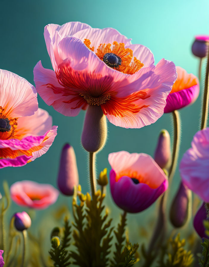 Detailed Orange Stamen Pink Poppies on Teal Background